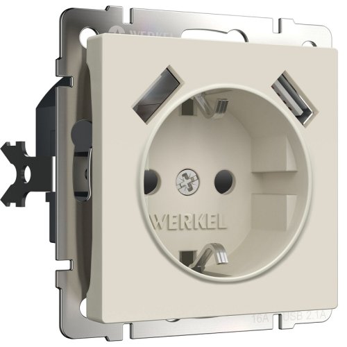 Розетка с заземлением +2хUSB тип A+A без рамки Werkel 1-м. шторки айвори матовый картинка